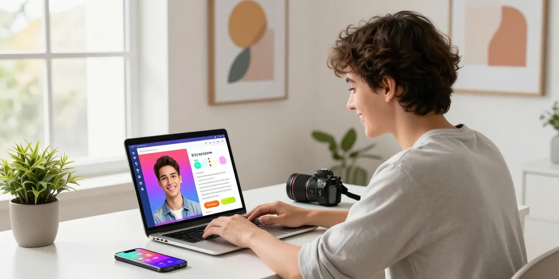 Engaging test of attractiveness scene with a young user analyzing AI-generated beauty score on a laptop.