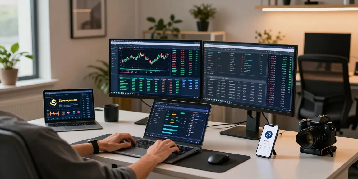 Cricbet99 cryptocurrency trading workspace with monitors displaying live data, wallets, and DeFi protocols.