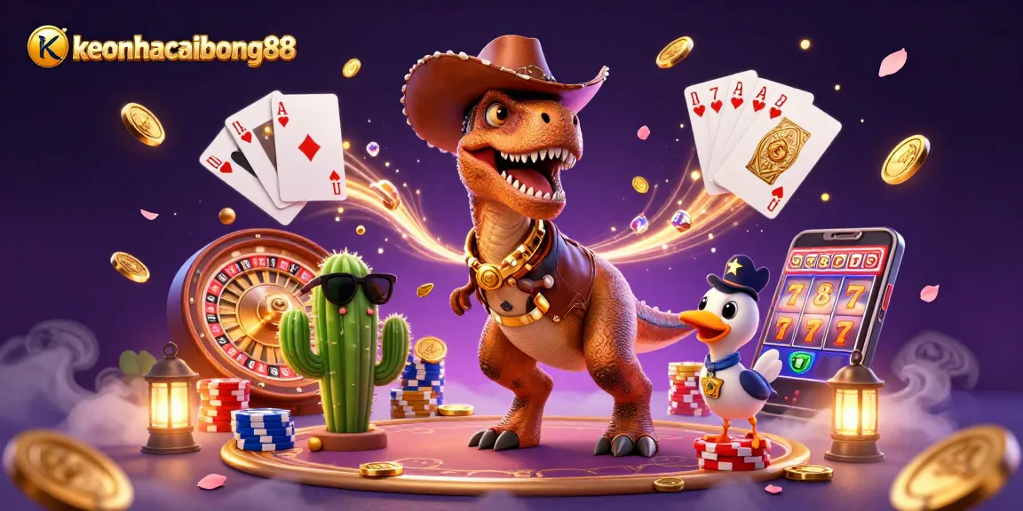 Engaging 3D cartoon scene of keonhacaibong88 characters celebrating casino wins with coins and cards.