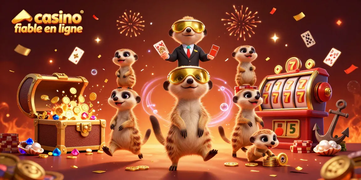 Visitez un casino fiable en ligne où des suricates gèrent une opération de jeu animée, entourés d'éléments de casino.