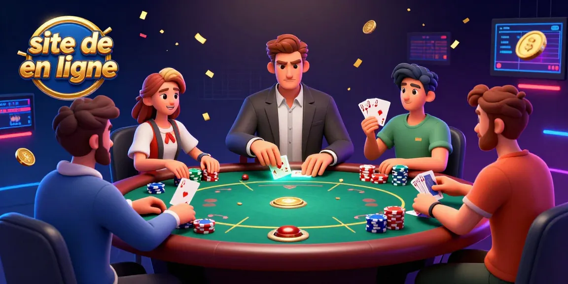 Une scène de jeu de poker animée sur un site de poker en ligne, avec des joueurs concentrés et des jetons colorés dispersés.