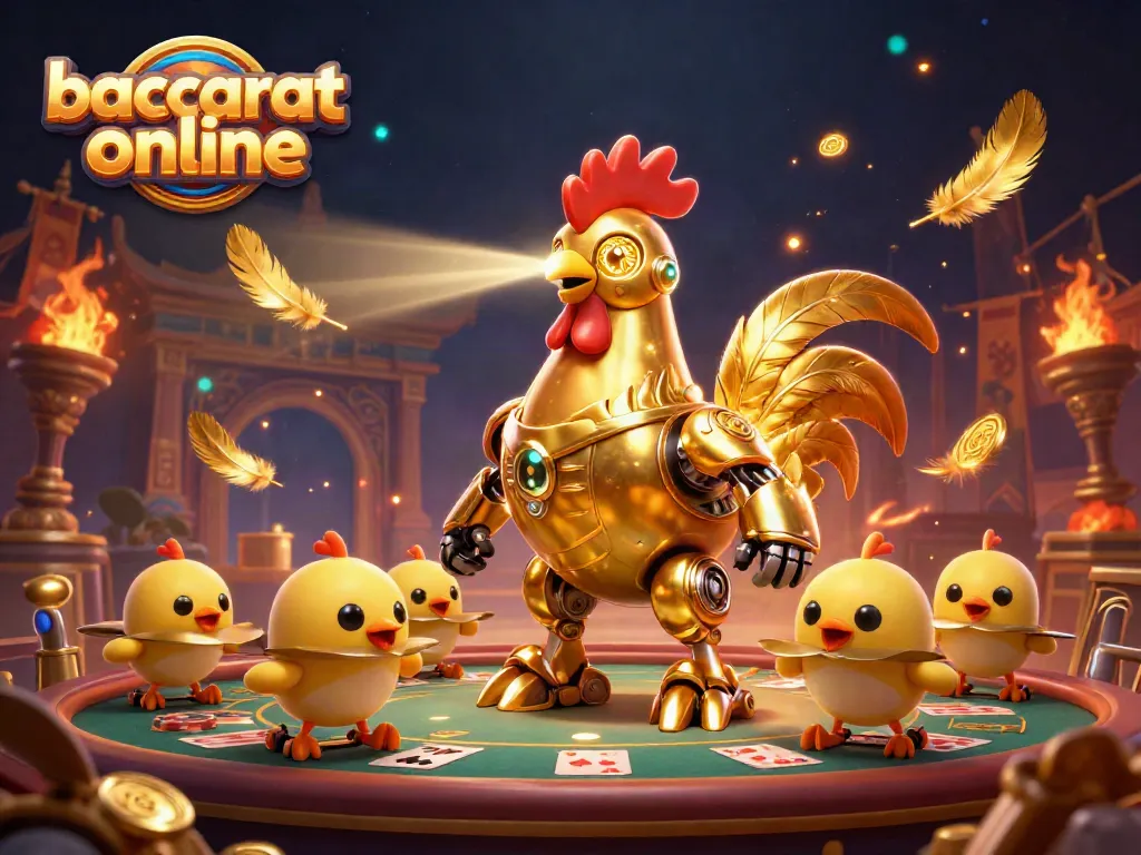 Engage in baccarat online with a dynamic 3D illustration featuring a golden robot and baby chick drones.