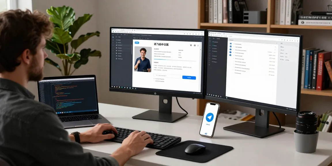Engaging workspace showcasing the 纸飞机中文版 app with monitors and tech accessories in a modern setting.