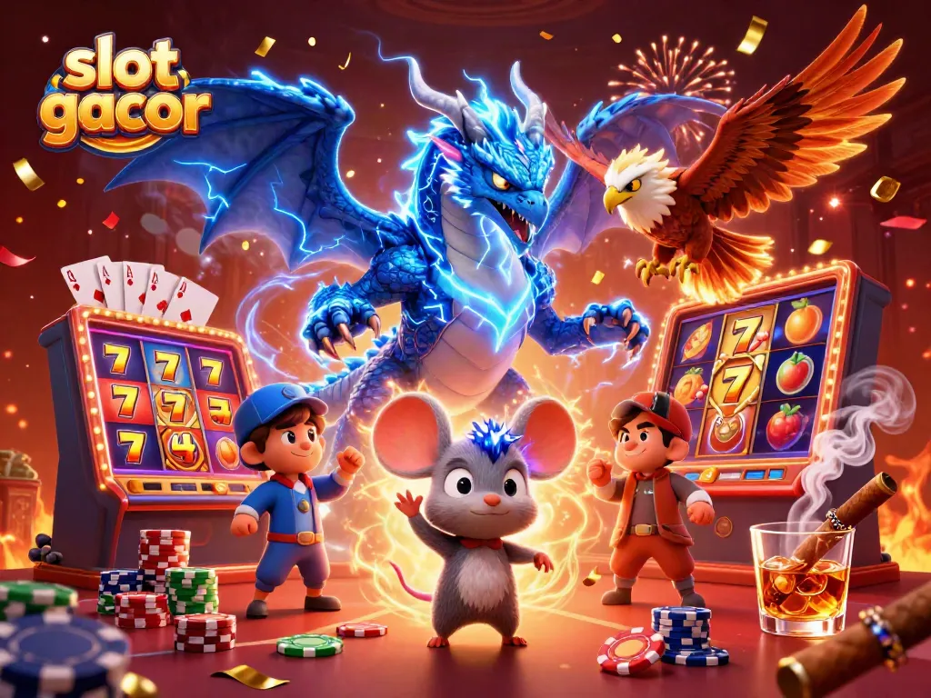 Engaging scene showcasing slot gacor with vibrant slot reels, electric characters, and casino ambiance.