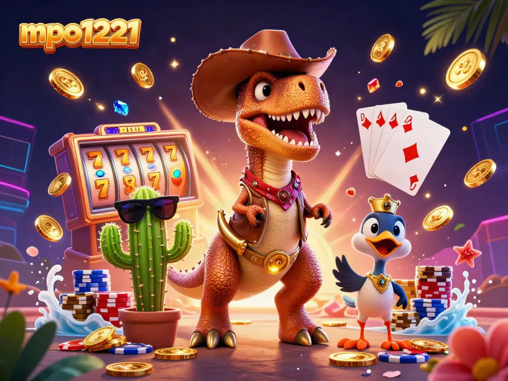 Spin the reels with mpo1221, featuring a cowboy dinosaur, colorful coins, and winning poker hands!