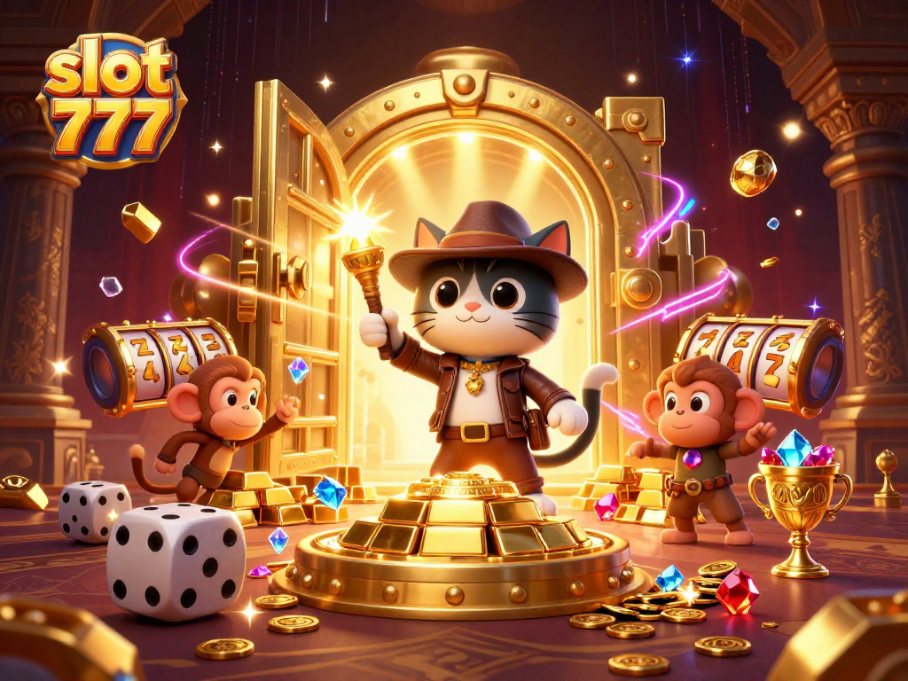 Spin to win with slot 777, featuring a 3D explorer cat uncovering treasures in a vibrant casino setting.