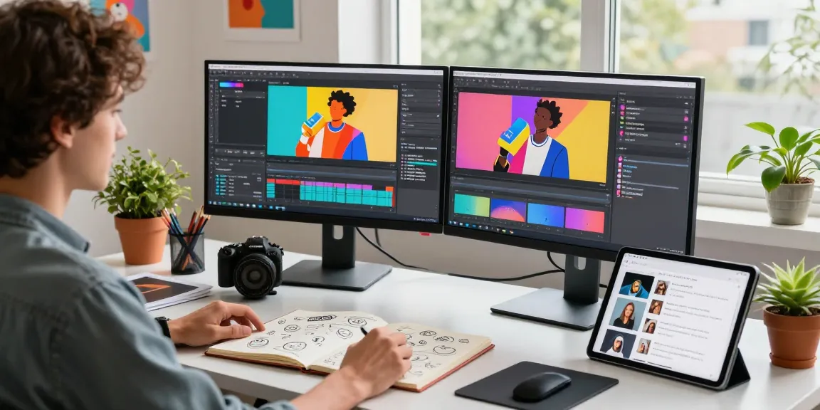 Graphic designer editing AI-generated images with Nano Banana 2 in a vibrant creative workspace.