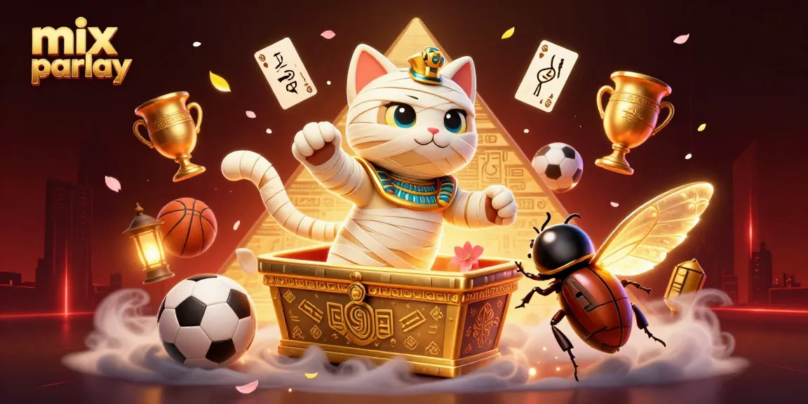 Bet on exciting mix parlay opportunities with the Egyptian mummy cat in a vibrant casino scene.