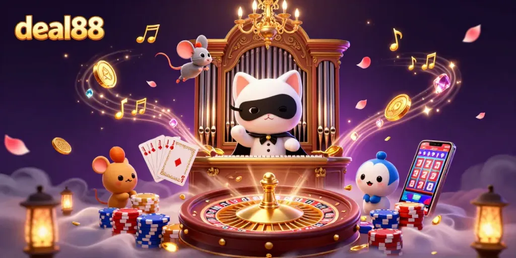 Experience the thrill of deal88 with a captivating casino scene featuring glamorous characters and vibrant game elements.