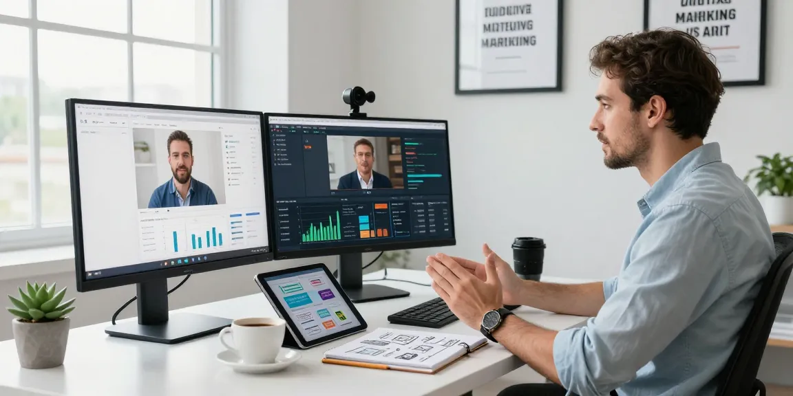 Marketing strategist analyzing raja 328 campaign data in a modern office with multiple screens and motivational decor.