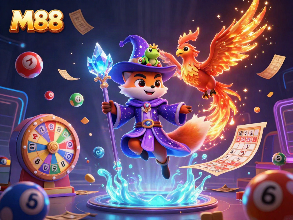 Play thrilling lottery games with M88 in a magical scene filled with vibrant colors and dynamic elements.