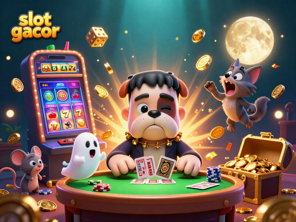 Experience exciting slot gacor visuals with a fantastical casino scene featuring unique characters and vibrant elements.