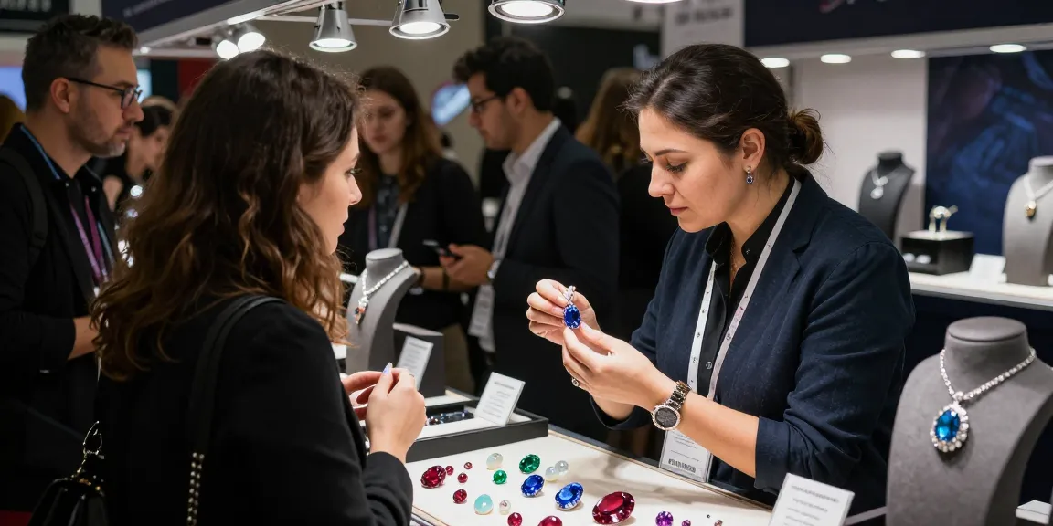 Engaging gemstone dealer showcasing quality gems at https://www.mygemspot.com trade show, highlighting unique stones.
