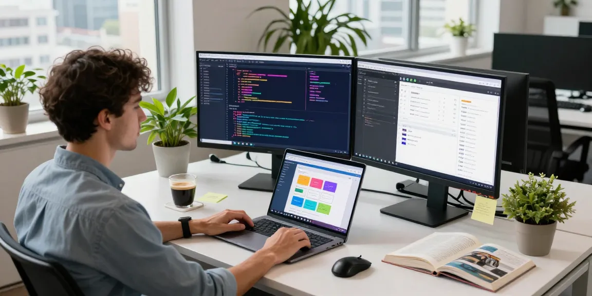 Software developer coding in dynamic workspace with kecak4d project elements showcasing innovation and productivity.