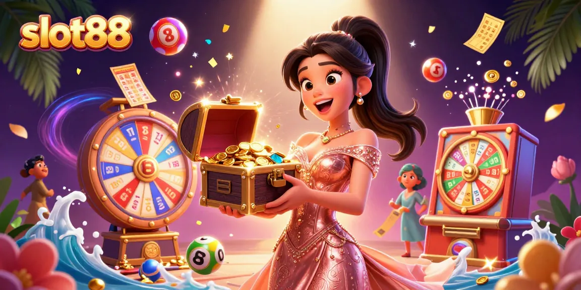 Experience slot88 excitement with a stunning treasure chest overflowing with winnings and colorful gaming elements.