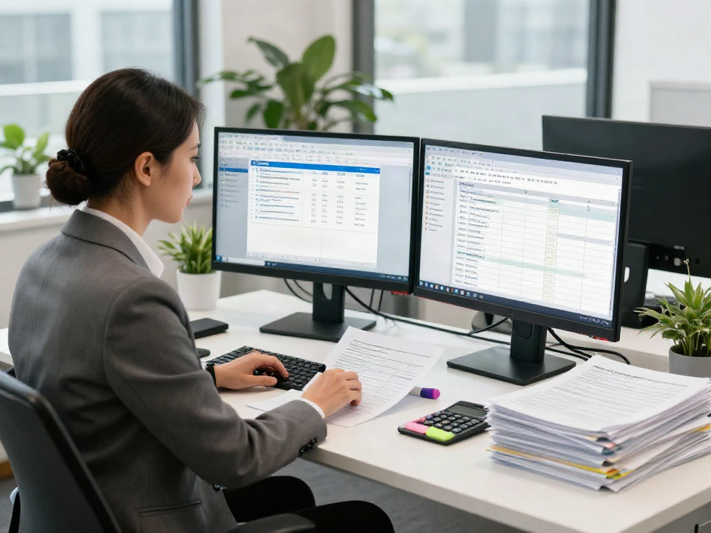 Accountant preparing SMSF tax return with dual monitors and paperwork in a modern office setting.