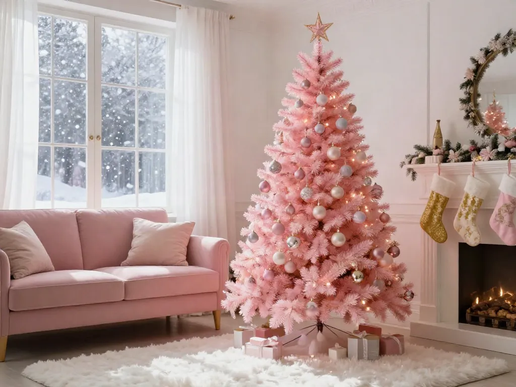 Experience a chic pink xmas with a beautifully decorated tree and cozy holiday atmosphere.