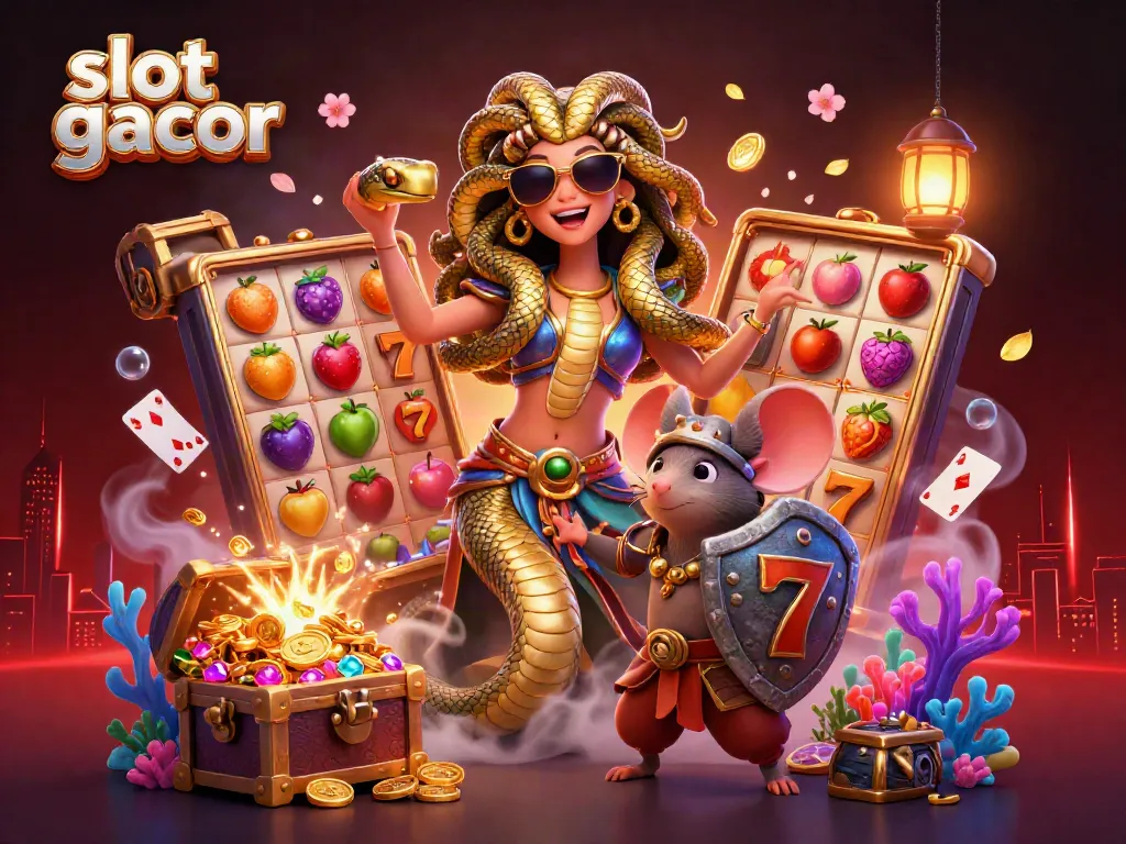 Experience slot gacor excitement with Medusa, a warrior mouse, and vibrant slot elements in a colorful scene.