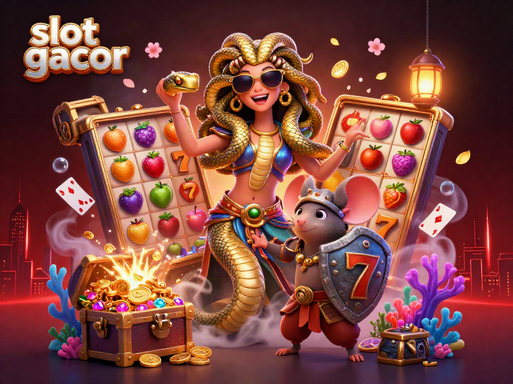 Experience slot gacor excitement with Medusa, a warrior mouse, and vibrant slot elements in a colorful scene.