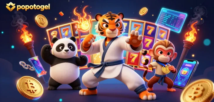 Experience excitement at popotogel with a 3D illustration showcasing dynamic slot reels and vibrant characters.