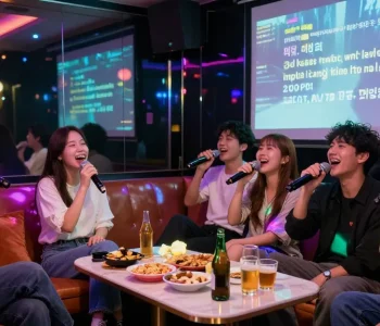 A lively group singing in a 강남노래방, surrounded by vibrant lights and tasty snacks, capturing the essence of karaoke fun.