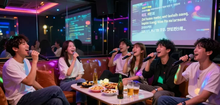 A lively group singing in a 강남노래방, surrounded by vibrant lights and tasty snacks, capturing the essence of karaoke fun.