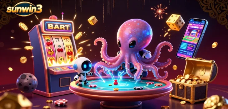 Experience the thrill of sunwin3 with an alien octopus managing a holographic poker table amid vibrant casino dynamics.