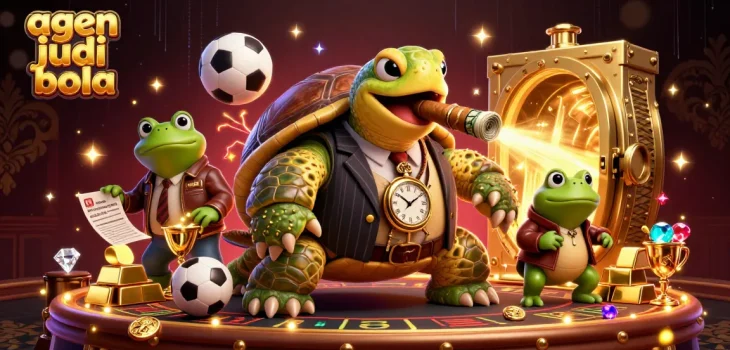 Place bets confidently with agen judi bola in a dynamic casino scene featuring a mobster turtle and bullfrog enforcers.