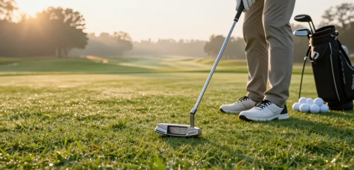 Ulasan putter terbaru di https://puttperfection.com/putter-reviews dengan golfer sedang bersiap melakukan pukulan di lapangan golf yang indah.