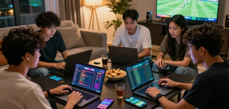 Friends engaged in online betting on newbet4d platform during an exciting game night.