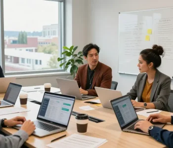 Marketing team collaborating at a Spokane marketing agency discussing strategies