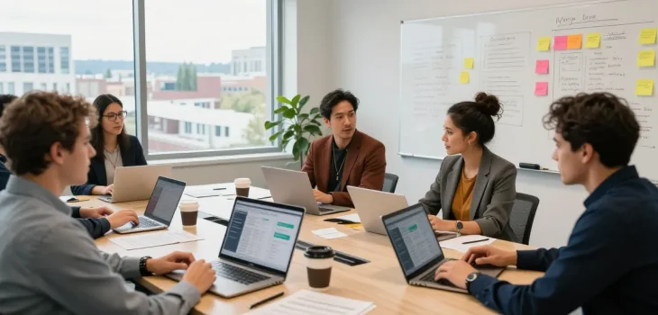 Marketing team collaborating at a Spokane marketing agency discussing strategies