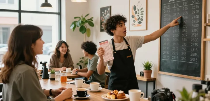 Barista menjelaskan nomor rejeki kepada pelanggan di kedai kopi yang ramai, suasana hangat dan ceria.