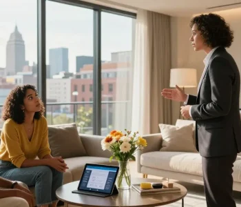 Real estate agent showcasing modern apartment at coventryat7.co.uk, highlighting urban living charm.