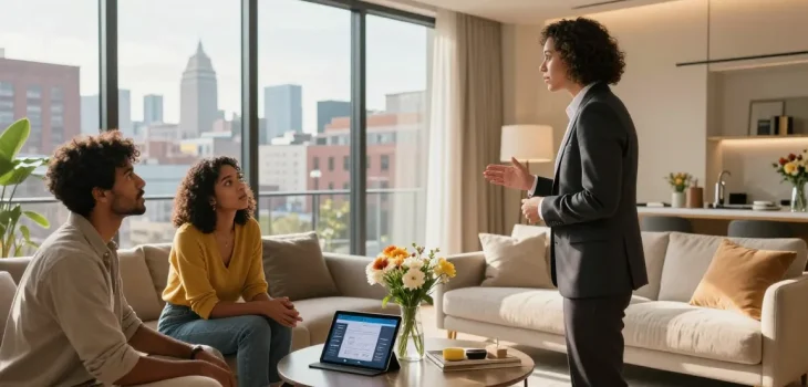 Real estate agent showcasing modern apartment at coventryat7.co.uk, highlighting urban living charm.