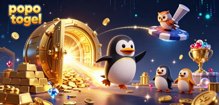Experience popo togel with a golden penguin on a cosmic adventure, surrounded by treasures and casino elements.