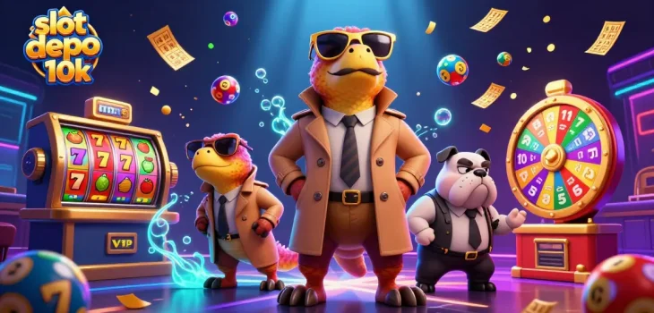 Experience the action at slot depo 10k with three cartoon raptors in a trench coat entering a VIP lounge while slots spin dynamically.