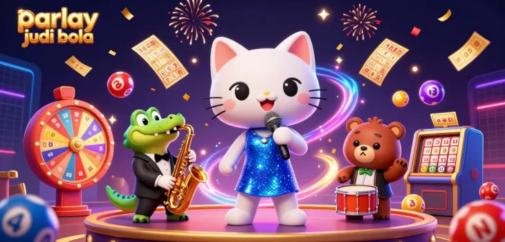 Engage in parlay judi bola with vibrant casino characters amidst lottery action and celebrations.