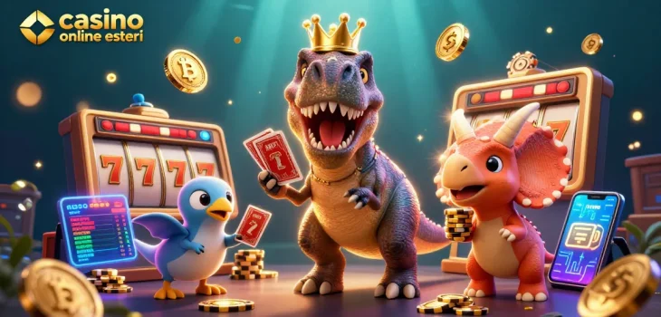 Giocando ai giochi da casino online esteri, un T-Rex e un pterodattilo si divertono tra slot machine e monete criptate.