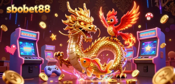 Experience sbobet88 action with a fierce dragon, phoenix, and koi fish amidst vibrant casino elements.