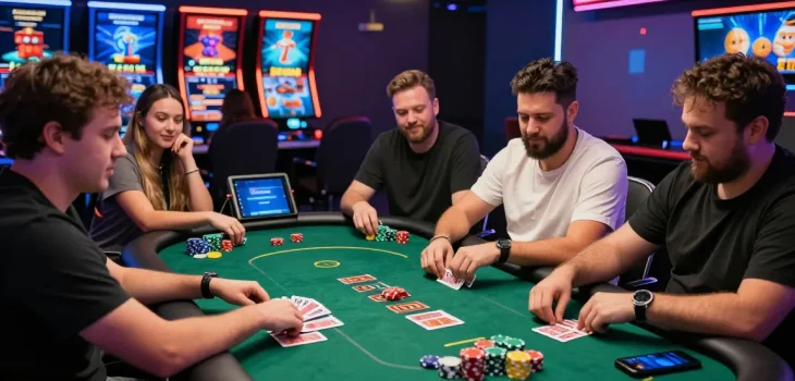 Excited players engaging at a vibrant online casinos Australia table, showcasing dynamic gaming atmosphere with poker cards and colorful chips.