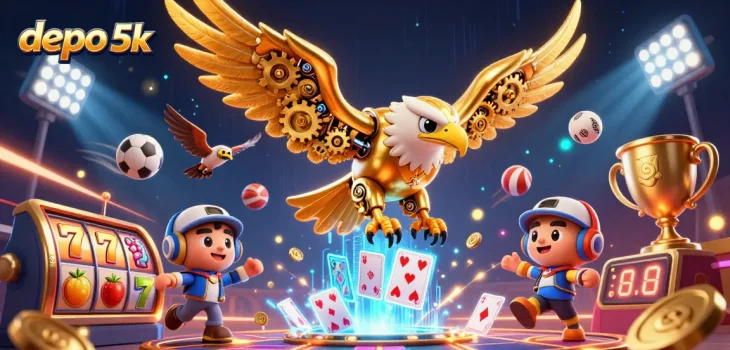 Dive into the excitement of depo 5k with a cybernetic eagle amidst a vibrant casino scene.