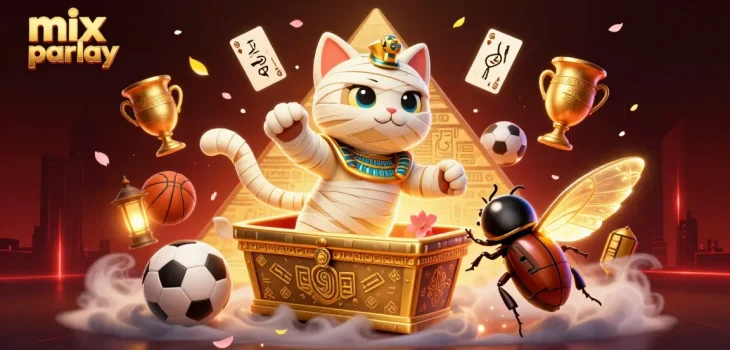 Bet on exciting mix parlay opportunities with the Egyptian mummy cat in a vibrant casino scene.