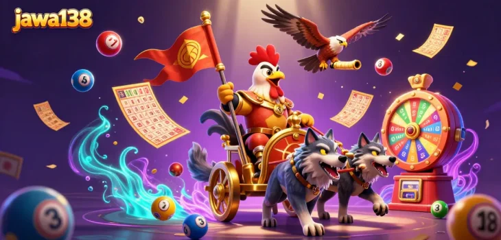 Engage with jawa138's vibrant casino universe filled with lottery balls, golden tickets, and a heroic rooster.