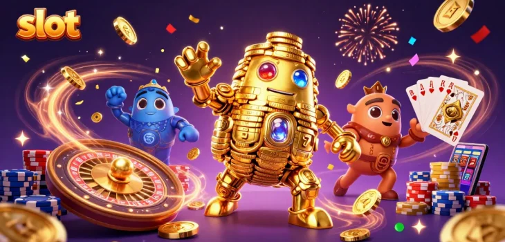 Menghentikan slot yang menawan dengan golem emas, koin mengalir dan efek cahaya yang spektakuler.