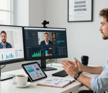 Marketing strategist analyzing raja 328 campaign data in a modern office with multiple screens and motivational decor.