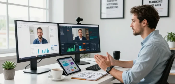 Marketing strategist analyzing raja 328 campaign data in a modern office with multiple screens and motivational decor.