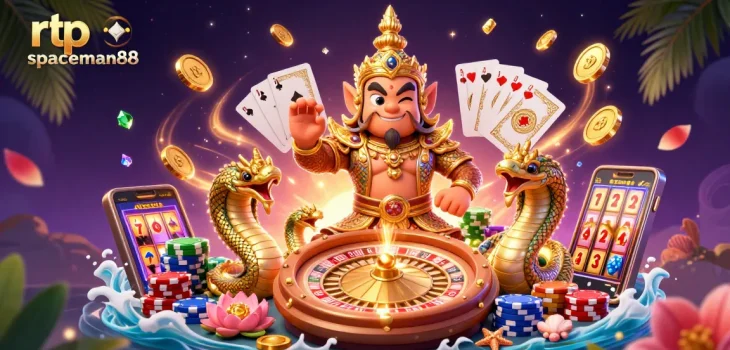 Experience thrilling action with rtp spaceman88 as golden coins and poker elements burst around playful guardians.