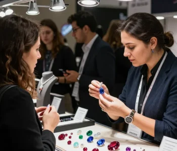 Engaging gemstone dealer showcasing quality gems at https://www.mygemspot.com trade show, highlighting unique stones.