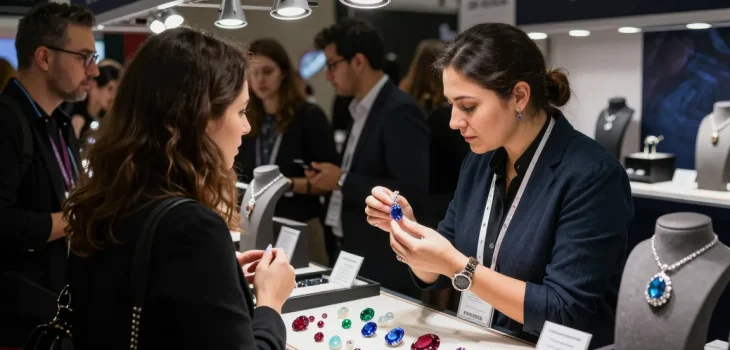 Engaging gemstone dealer showcasing quality gems at https://www.mygemspot.com trade show, highlighting unique stones.